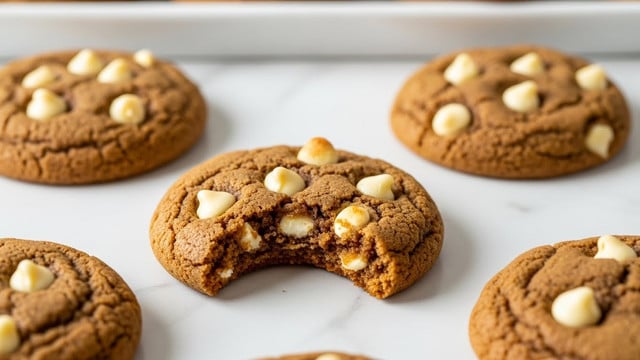 The image shows a close-up of a soft brown cookie with a slightly cracked surface, dotted with white chocolate chips. The cookie has one bite taken out of it, revealing a chewy inner texture with embedded white chocolate pieces. Surrounding the main cookie are three other cookies, all of similar size and texture, placed on a flat white marbled surface. In the background, part of a white tray filled with more cookies is blurred out, creating depth. The overall lighting is soft and natural, highlighting the cookie's warm golden-brown color and the creamy white chips. Photo taken with an iphone --ar 4:5 --v 7