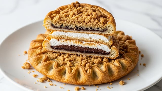 The image shows a round, golden-brown pastry with a crimped edge, resting on a white plate with a white marbled surface background. On top of the whole pastry, there is a half piece revealing three layers: a light brown crunchy crumb topping, a toasted white marshmallow layer with some browning, and a thin dark chocolate layer beneath it. The pastry looks crisp and flaky with a slightly shiny finish. Crumbs are scattered around the pastry on the plate. Photo taken with an iphone --ar 4:5 --v 7