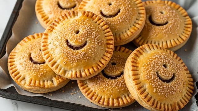 The image shows a close-up of seven golden-brown hand pies arranged on a dark baking tray lined with a cloth. Each hand pie is round with a crimped edge that creates a raised rim around the smiling curve of the top crust. The crusts are lightly brushed with an egg wash, giving a shiny, slightly uneven surface with sprinklings of coarse sugar that adds crunchy texture and a caramelized color contrast. The hand pies are stacked and slightly overlapping one another, revealing their puffed, flaky pastry layers. The tray is set on a white marbled texture, enhancing the warm tones of the baked pies. photo taken with an iphone --ar 4:5 --v 7