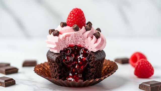 A close-up view of a single chocolate cupcake with three main layers: the base is a dark, moist chocolate cake, the middle is a thick, glossy red raspberry jam oozing out of the bitten area, and the top layer is a swirl of light pink frosting decorated with small dark chocolate chunks and a fresh red raspberry sitting on top. The cupcake liner is dark brown, and the background features a white marbled texture with scattered pieces of dark chocolate and a fresh raspberry nearby. Photo taken with an iphone --ar 4:5 --v 7