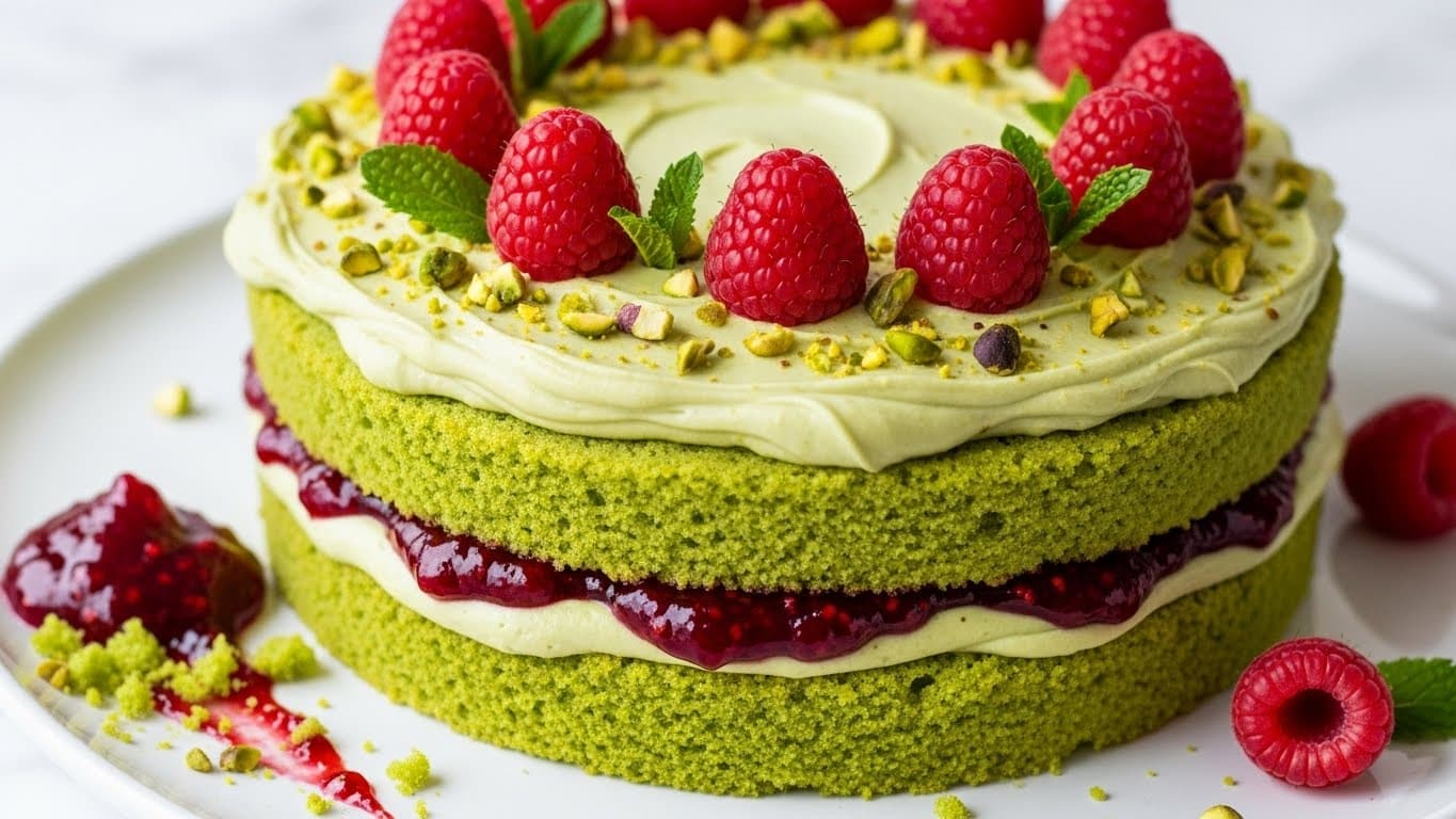 The image shows a close-up view of a two-layer pistachio cake with light green sponge layers. Between the two sponge layers, there is a dark red raspberry jam spread. The top layer has a thick, light green pistachio cream frosting, decorated with whole fresh raspberries and small mint leaves scattered on top. Crushed pistachios are sprinkled over the frosting and some have fallen onto the white plate. A small dollop of raspberry jam and crumbs are also visible on the plate near the cake. The background is a white marbled surface. photo taken with an iphone --ar 4:5 --v 7