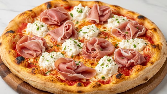 A round pizza with a golden, puffy crust that is slightly charred in spots. The first layer is a red tomato sauce spread evenly under the toppings. On top of the sauce, there are irregular dollops of white, fluffy ricotta cheese scattered all over, giving a soft texture. Thin, folded slices of pink prosciutto are layered across the pizza, adding a delicate, translucent look. Tiny bits of green seasoning or herbs are sprinkled over everything. The pizza sits on a wooden board with a white marbled background. photo taken with an iphone --ar 4:5 --v 7