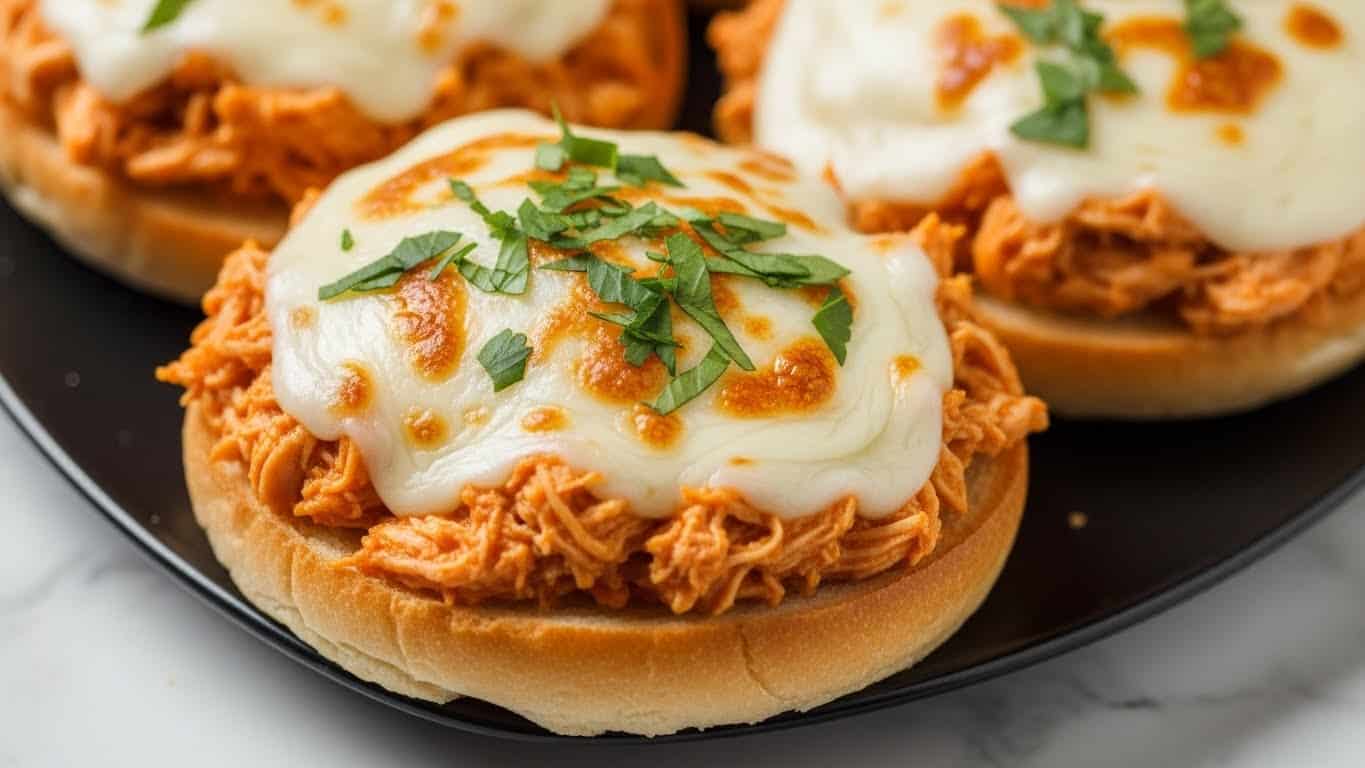 The image shows two pulled chicken sandwiches on a dark plate set on a white marbled surface. Each sandwich has three layers: a soft, golden-brown bun at the bottom with a smooth texture, topped with a generous layer of shredded, moist, light brown pulled chicken mixed with sauce, and finished with melted white cheese that is creamy and slightly draped over the chicken. Fresh green chopped herbs are sprinkled on top of the cheese along with small specks of black pepper, adding a fresh and spicy touch. The photo is focused on the front sandwich, making the back sandwich softly blurred. Photo taken with an iphone --ar 4:5 --v 7