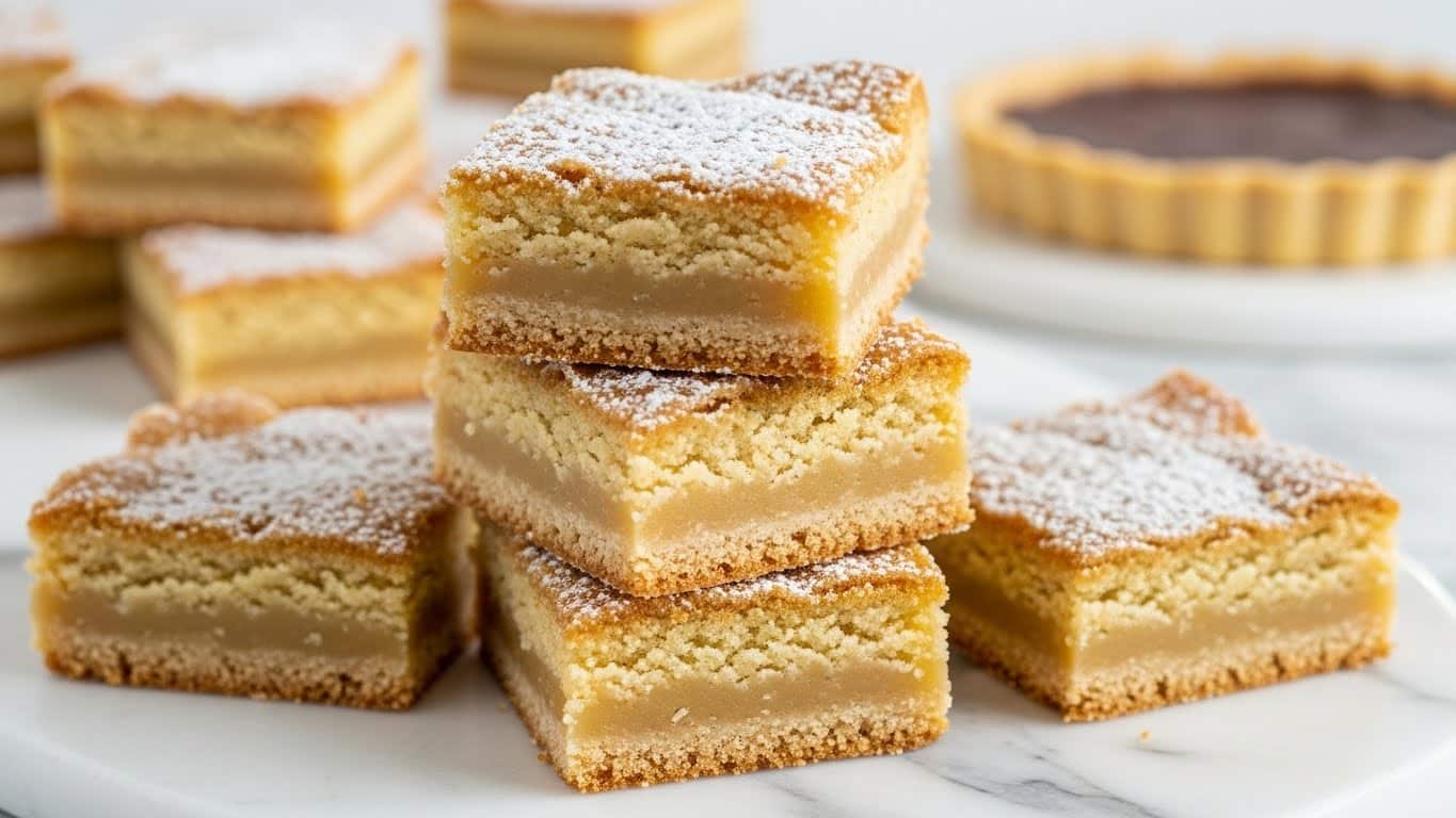Two soft, square cake bars stacked one on top of the other on a piece of parchment paper. Each bar has a golden brown, slightly crispy top layer with a light dusting of powdered sugar. The inner layers are pale yellow and moist with a dense, crumbly texture. The bottom layer has a slightly darker baked edge. In the blurred background, more cake bars are visible on a white marbled surface. photo taken with an iphone --ar 4:5 --v 7
