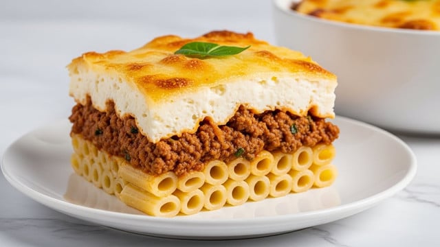 A square piece of baked pasta dish with three visible layers sits on a white plate placed on a white marbled surface. The bottom layer is a thick bed of tubular pasta with a pale creamy color. The middle layer is rich with ground meat sauce, textured and brown with some herbs mixed in. The top layer is a thick, smooth, white cheese or béchamel sauce covered by a golden brown baked cheese crust with a slightly crispy texture, and a small green herb garnish rests on top. In the background, part of a white bowl with more of the baked pasta is visible. Photo taken with an iphone --ar 4:5 --v 7