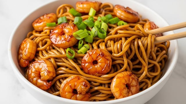A close-up view of a white bowl filled with glossy, well-coated brown noodles mixed with small pieces of shrimp that have a shiny, caramelized surface. The noodles are tangled together, showing smooth and slightly wavy textures, while bright green chopped scallions are sprinkled on top, adding a fresh contrast. Two wooden chopsticks grab some noodles from the right side of the bowl. The bowl sits on a white marbled textured surface. photo taken with an iphone --ar 4:5 --v 7