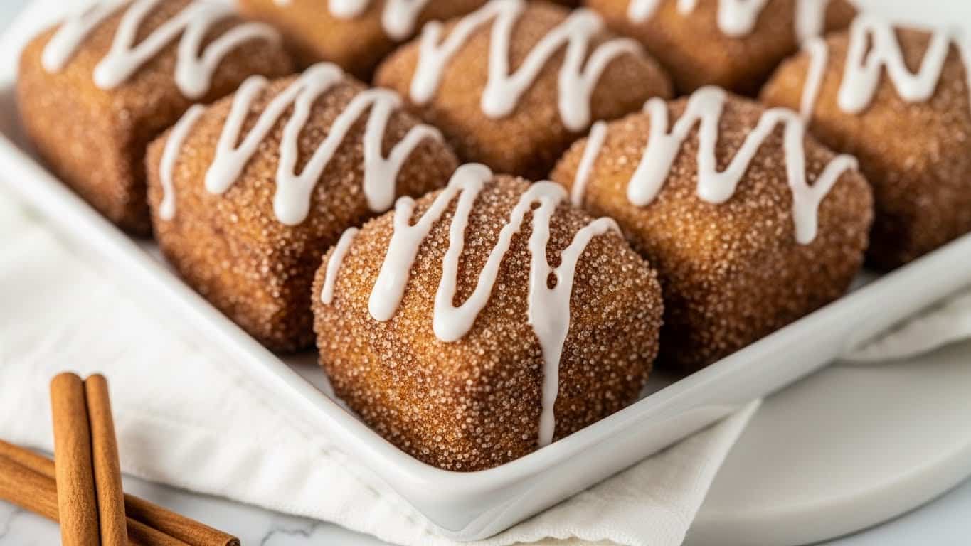 A close-up view of several small square pastries arranged in a white rectangular dish on a white marbled surface, each pastry covered in a golden-brown sugar and cinnamon coating that gives a rough, grainy texture, topped with white icing drizzled unevenly, some dripping down the sides; the dish is placed on a white cloth with a few cinnamon sticks resting nearby, adding a warm contrast in color. photo taken with an iphone --ar 4:5 --v 7
