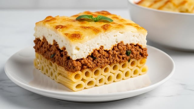 A square piece of baked lasagna is placed on a white plate, showing multiple visible layers. The bottom layer is a dense, reddish-brown meat sauce with ground beef. Above that is a thick layer of pale, creamy cheese mixed with ricotta, followed by a layer of flat pasta sheets. Another layer of meat sauce covers the pasta, topped with a visible layer of melted, golden-brown cheese that is bubbly and slightly crispy around the edges. The white plate rests on a white marbled surface, with a glimpse of a round white baking dish filled with more lasagna blurred in the background. Photo taken with an iphone --ar 4:5 --v 7