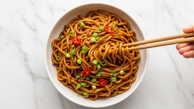 A white bowl filled with glossy, dark brown noodles tossed in a savory sauce, topped with chopped green onions and small pieces of red chili, with a pair of wooden chopsticks grabbing some noodles from the bowl, all placed on a white marbled surface. photo taken with an iphone --ar 4:5 --v 7