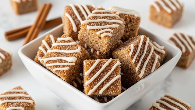 The image shows a white square bowl filled with small, golden-brown square pieces that have a crispy, sugar-coated texture. Each piece has a light dusting of sugar crystals giving a sparkling effect, and some have uneven white icing drizzled on top, adding a glossy contrast. The squares are stacked unevenly, showing the crunchy, slightly rough surface of each piece. The background is a white marbled texture with two sticks of cinnamon placed near the bowl. Photo taken with an iphone --ar 4:5 --v 7
