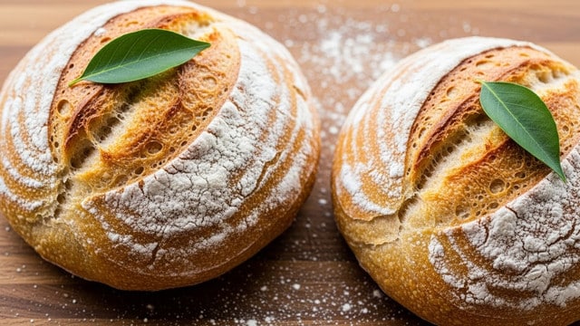 Two golden-brown loaves of bread rest side by side on a wooden surface, each loaf showing a crusty texture with a light dusting of white flour on top. The bread has a few deep cracks and uneven surfaces giving a rustic look, with one loaf topped with a small green basil leaf for garnish. The background features a soft, warm light that highlights the bread's texture against a white marbled surface. photo taken with an iphone --ar 4:5 --v 7