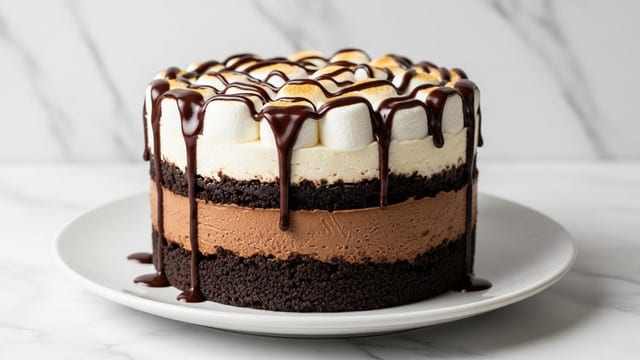 A slice of layered dessert sits on a white plate with a silver fork beside it. The bottom layer is dark and crumbly, resembling a chocolate crust. Above it is a thick, smooth white cream layer, followed by a glossy dark chocolate ganache topped with a final layer of whipped cream, which is decorated with small chocolate shavings. In the background, there is a white marbled surface and a clear glass mug filled with a dark drink, likely coffee or hot chocolate. A woman's hand is slightly visible near the plate. Photo taken with an iphone --ar 4:5 --v 7