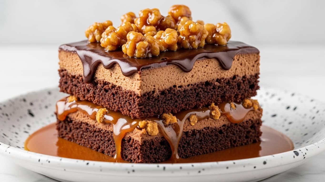 A close-up of a square dessert with four distinct layers on a white plate with black speckles, placed on a white marbled surface. The bottom layer is a dark brown, moist chocolate cake with a rough texture. Above this is a sticky, golden caramel layer with some small crumbly bits inside. The third layer is another dark brown chocolate cake, slightly softer and crumbly. On top is a thick layer of glossy, smooth chocolate ganache that slightly drips down the sides. The dessert is topped with chunks of caramel-coated walnuts glistening under the light. A pool of rich caramel sauce surrounds the dessert on the plate. photo taken with an iphone --ar 4:5 --v 7