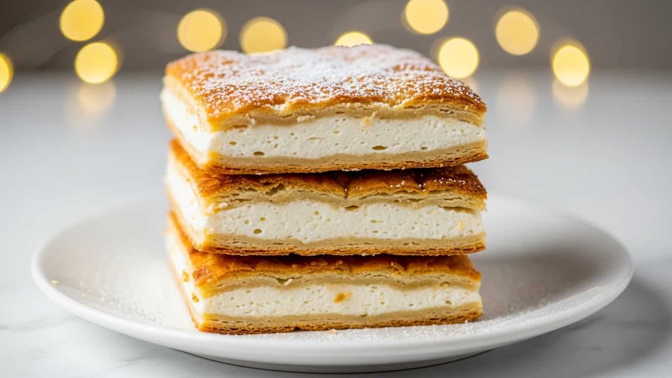 The image shows a stack of three square-shaped dessert layers on a white plate set on a white marbled surface. Each layer has a golden brown, crispy, and flaky top and bottom crust, with a slightly uneven texture and a few darker spots, dusted lightly with powdered sugar. Between each crust, there is a thick, creamy white filling that looks smooth and fluffy. The layers are neatly stacked, slightly uneven, creating a comfortable, homemade look. In the background, there are soft, warm, circular yellow lights blurry out of focus. photo taken with an iphone --ar 4:5 --v 7