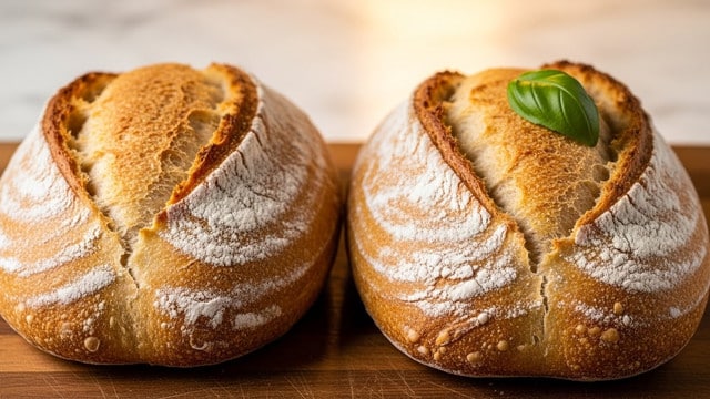 Two golden brown loaves of bread with a crisp crust are placed on a wooden cutting board. Each loaf has light dustings of white flour and a fresh green leaf on top, adding a touch of color. The crust shows cracks and bubbles, revealing a soft, airy inside. The wooden board surface is visible beneath the bread, with slight flour scattered nearby. The image has a warm, natural feel. Photo taken with an iphone --ar 4:5 --v 7