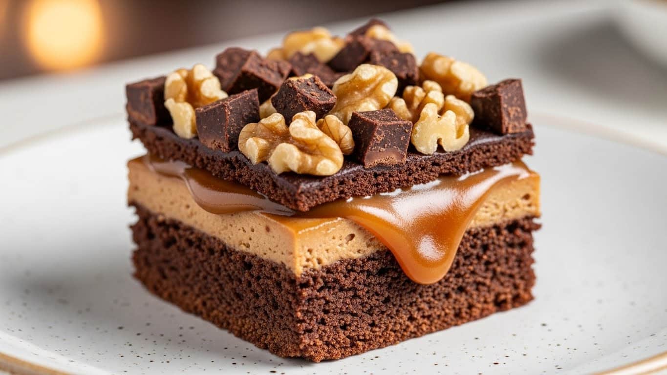 A square piece of dessert with three visible layers sits on a white speckled plate; the bottom layer is a dark brown, moist chocolate cake with a crumbly texture, the middle layer is a thick caramel filling that is glossy and slightly dripping down the sides, and the top layer is a mix of chunky walnut pieces and irregular dark chocolate chunks scattered on a thin chocolate crust. The background has a soft blur with warm tones, and the focus highlights the gooey caramel and textured cake. photo taken with an iphone --ar 4:5 --v 7