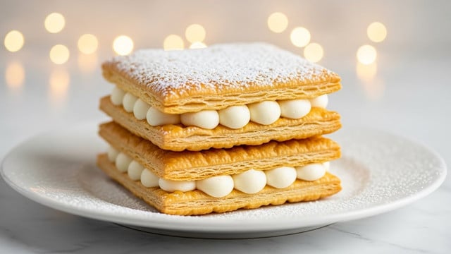 A stack of three square layers of golden, crispy pastry with light, creamy white filling sandwiched evenly between each layer. The top pastry layer is sprinkled with white powdered sugar, creating a soft dusting that continues lightly onto the plate below. The plate is white and sits on a white marbled surface, while warm, soft golden lights blur softly in the background, enhancing the texture and color contrast of the dessert. photo taken with an iphone --ar 4:5 --v 7