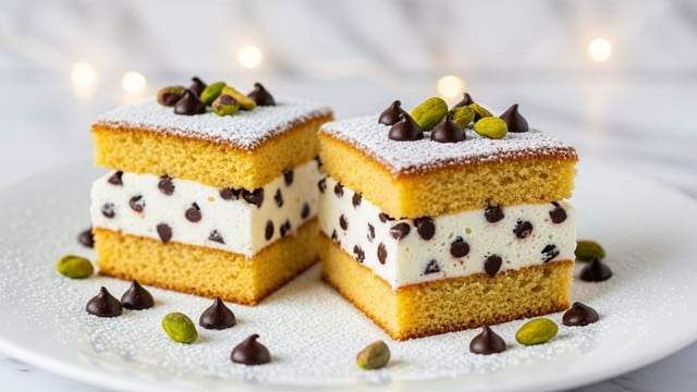 A white plate holds two stacked square dessert slices, each with three layers: a golden brown cake layer at the bottom, a thick white cream layer filled with small dark chocolate chips in the middle, and another golden brown cake layer on top. The top surface is dusted with powdered sugar and decorated with scattered dark chocolate drops and chopped green pistachios. A few chocolate drops and pistachios are also spread around the plate. The background features a soft white marbled texture with warm, blurred lights. photo taken with an iphone --ar 4:5 --v 7
