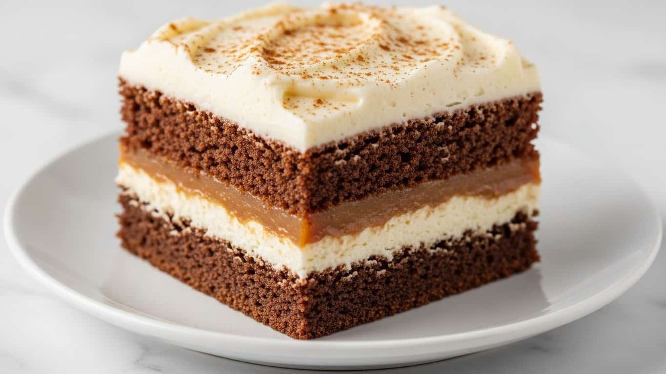 A close-up of a square slice of layered cake on a white plate placed on a white marbled surface. The cake has three main layers: the bottom and top layers are dark brown and crumbly with a moist texture, the middle layer is a rich caramel color, and there is a thick layer of creamy white frosting between the caramel and the top brown layer. The top of the cake is covered with a generous layer of smooth, off-white frosting with light swirls and sprinkled lightly with cinnamon powder. Photo taken with an iphone --ar 4:5 --v 7