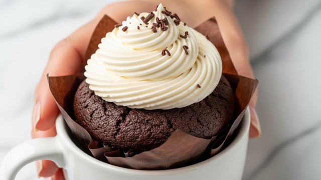 A dark brown, dense chocolate cupcake with a rough texture forms the base layer, topped with a large swirl of smooth, creamy white whipped cream that has soft, curvy edges and a glossy finish; a woman's hand holds the cupcake against a white marbled background. photo taken with an iphone --ar 4:5 --v 7