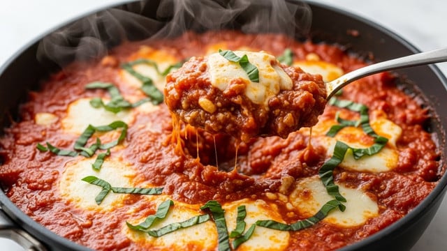 A close-up of a black pan filled with a rich, thick red tomato sauce mixed with melted white cheese layers scattered throughout, topped with small, fresh green basil leaves evenly spread on the surface; a silver spoon lifts a thick scoop of the sauce showing a chunky texture with bits of tomato and cheese, with faint steam rising above the pan, all set against a white marbled texture in soft natural light. photo taken with an iphone --ar 4:5 --v 7