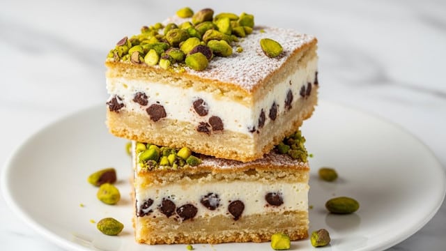 Two square dessert bars are stacked on a white plate with a white marbled background. Each bar has three layers: a light brown, slightly crispy top layer dusted with a fine white powder; a thick middle layer of creamy white filling mixed with dark chocolate chips; and a bottom layer that matches the top in color and texture. The top of the upper bar is decorated with chopped bright green pistachio pieces and some scattered on the plate around it. The overall look is rich, creamy, and textured with contrasts between soft filling and crunchy outer layers. Photo taken with an iphone --ar 4:5 --v 7