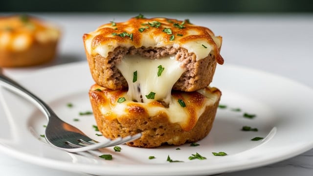 The image shows two small, round, golden-brown cheesy patties stacked on top of each other on a white plate with scattered green herbs. The top patty is broken open in the middle, revealing melted, stretchy white cheese inside. Both patties are topped with melted cheese that has a slightly crispy, browned texture and small green herb pieces sprinkled over them. In the foreground, a silver fork rests on the plate near the patties. The background is softly blurred with a dark green tone. The surface beneath the plate is a white marbled texture. Photo taken with an iphone --ar 4:5 --v 7