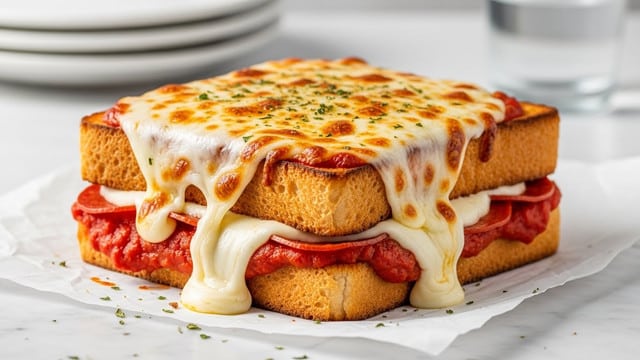 The image shows a thick, rectangular pizza sandwich with two layers of toasted golden-brown bread. The top layer has melted, bubbly cheese with browned spots and a sprinkling of herbs. Below this is a layer of rich red tomato sauce, followed by thin, circular pepperoni slices peeking from under the overflowing melted white cheese that stretches down the sides between the bread layers. The sandwich is placed on white parchment paper with some oil stains and set on a white marbled surface. In the blurred background, there are stacked white plates and a glass of water. Photo taken with an iphone --ar 4:5 --v 7