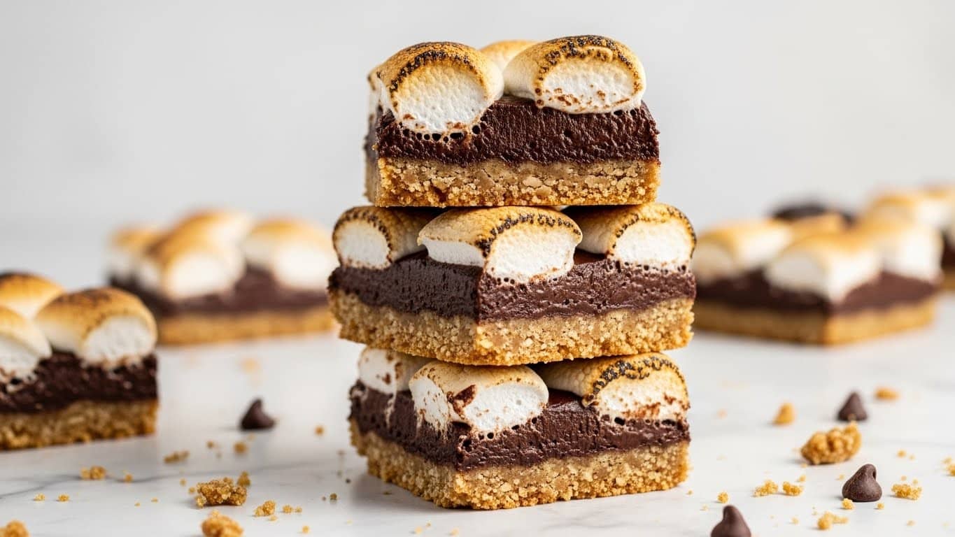 The image shows a stack of four layered dessert bars, each with three distinct layers. The bottom layer is a crumbly, golden-brown crust with a coarse texture. The middle layer is a thick, smooth dark chocolate filling, rich and dense. The top layer consists of toasted marshmallows, slightly browned with a soft, fluffy texture, some puffed up more than others. The stack is placed on a white marbled surface with scattered crumbs and a few chocolate chips around it. Photo taken with an iphone --ar 4:5 --v 7