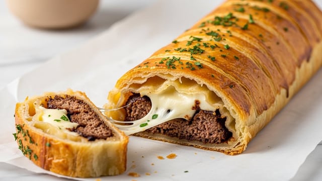 The image shows a close-up of a toasted wrap with a golden-brown, crispy outer layer. Inside, there are thick layers of tender, shredded dark brown meat mixed with creamy, melted white cheese that stretches slightly. The wrap has a soft, light tan interior texture beneath the crispy outside. The background features a white marbled surface with small sauce containers slightly blurred in the distance. photo taken with an iphone --ar 4:5 --v 7