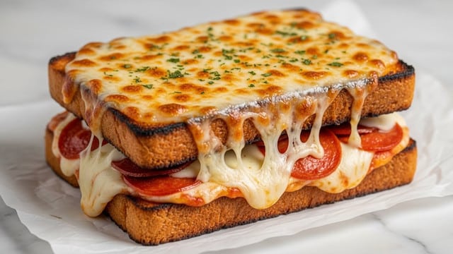 A rectangular sandwich with three visible layers is shown close up, sitting on parchment paper on a white marbled surface. The bottom layer is a thick piece of toasted bread with a golden-brown crust. Above it, there is a layer of melted mozzarella cheese that is gooey and stretches out, mixed with round slices of pepperoni. The top layer is another thick slice of toasted bread covered evenly with melted, slightly bubbly cheese browned in spots and sprinkled with green herbs. The edges of the bread are crisp and golden, showing some charring. photo taken with an iphone --ar 4:5 --v 7