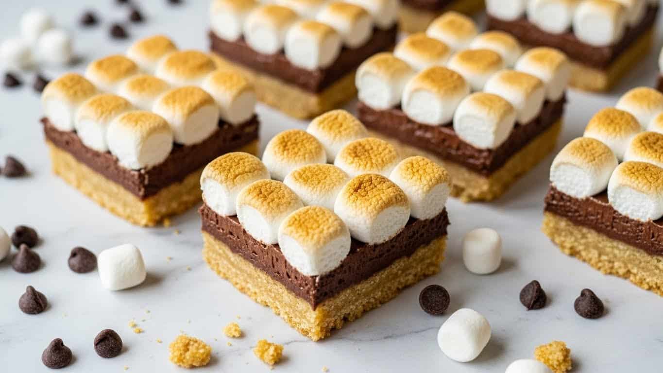 The image shows several square pieces of s'mores bars arranged on a white marbled surface. Each bar has three visible layers: the bottom layer is a light golden-brown crumbly crust, the middle layer is a rich, dark brown chocolate filling, and the top layer consists of small, evenly browned marshmallows, toasted to a light golden color with some spots slightly darker. Scattered chocolate chips and a few loose white marshmallows surround the bars, adding texture and contrast. The bars are cut cleanly with sharp edges, and crumbs are scattered around, giving a homemade feel. photo taken with an iphone --ar 4:5 --v 7