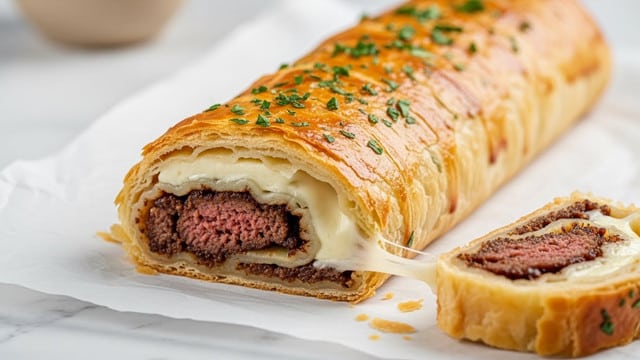 A long pastry roll sits on white parchment paper over a white marbled surface; the roll has a golden brown, flaky outer crust with visible thin layers. Inside, there are two main layers: a thick, juicy layer of cooked meat pieces at the bottom, dark brown in color and tender in texture, and above it, a melted white cheese layer that stretches slightly, showing its gooeyness. The top of the pastry is sprinkled with small chopped green herbs, adding a touch of fresh green color. A piece of the roll has been cut and lies in front, showing the filling layers clearly. In the blurred background, a light brown cup is visible. Photo taken with an iphone --ar 4:5 --v 7