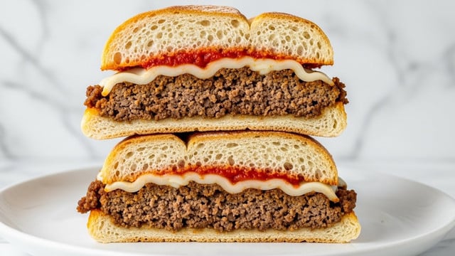 The image shows a sandwich cut in half and stacked, with the top half resting on the bottom half. The sandwich has a soft, light brown bread with a slightly crusty top. Inside, there is a layer of cooked ground beef with a crumbly texture in a dark brown color, topped with melted white cheese, and a layer of bright red tomato sauce near the top. The sandwich rests on a white plate, and the background features a white marbled texture. Photo taken with an iphone --ar 4:5 --v 7