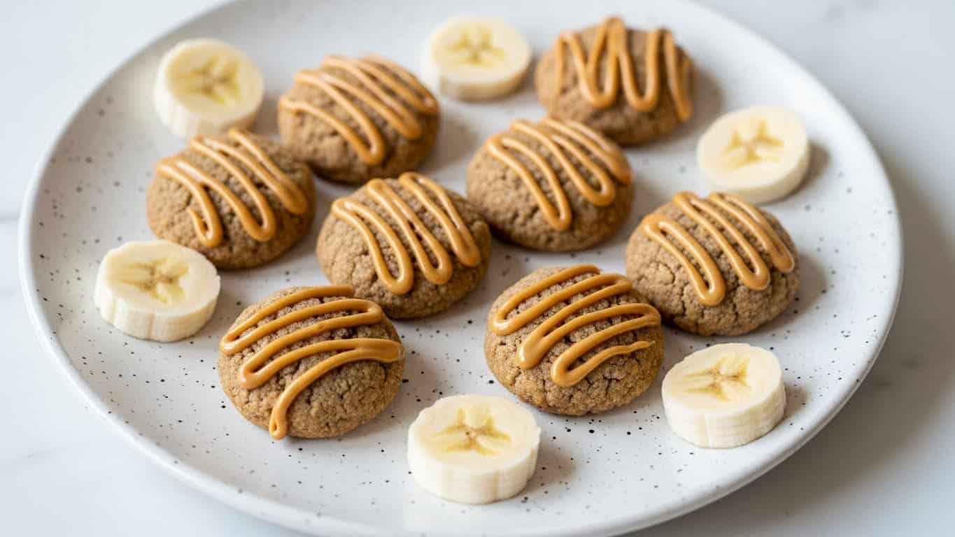 The image shows a white speckled plate with seven small round cookies arranged loosely on it. Each cookie has a light brown base with a slightly rough texture and is topped with a drizzle of smooth, light golden peanut butter in thin lines. Around the cookies, five slices of banana with a creamy white color and soft texture are placed evenly, adding contrast to the cookies' warm tones. The plate is set on a white marbled surface. photo taken with an iphone --ar 4:5 --v 7