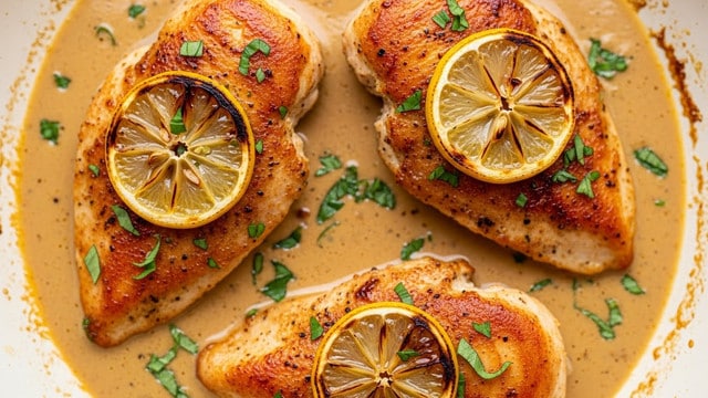 The image shows three golden-brown, crispy chicken breast pieces cooked in a creamy light brown sauce with small green herb bits scattered on top. Each piece of chicken has a sliced, slightly charred lemon round on it. The sauce is creamy and shiny, pooling around the chicken pieces in a white pan. The overall look is rich and juicy with fresh herbs adding a touch of green contrast. Photo taken with an iphone --ar 4:5 --v 7