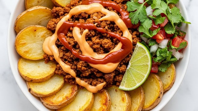 A bowl filled with several layers starts at the bottom with golden, roasted potato slices arranged around the edges, showing a slightly crispy texture. In the center, there is a layer of browned, crumbly ground meat. On top of the meat is a creamy orange cheese sauce that is lightly drizzled around with some thicker orange sauce and a small amount of darker red sauce. On one side of the bowl is a fresh garnish of bright green cilantro, mixed with diced red tomatoes and small white onion pieces. A wedge of bright green lime rests on the edge next to the meat, adding a fresh touch. The bowl is white and sits on a white marbled surface. photo taken with an iphone --ar 4:5 --v 7