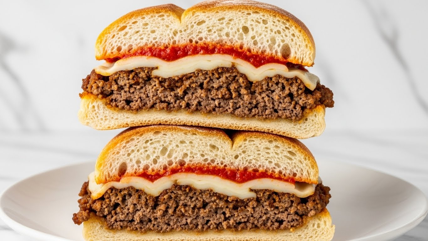 The image shows a wooden cutting board on a white marbled surface with five sandwich pieces arranged on it. Each sandwich is made of crusty brown bread and has multiple layers: fresh green lettuce directly on the bottom bread, followed by thin red tomato slices, a thick layer of sliced roasted meat in light pink with darker edges, and a topping of small chopped mushrooms in dark brown and beige. Two of the sandwiches are cut into triangles with leafy lettuce sticking out, and three are cut into rectangles showing all the layers clearly. Around the sandwiches, there are skewers with green pepperoncini and black and green olives. The scene is bright and well-lit, showing the texture of the bread and freshness of the vegetables. photo taken with an iphone --ar 4:5 --v 7
