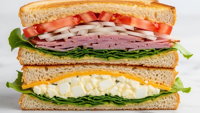 The image shows a close-up of a toasted sandwich cut in half and stacked. The sandwich has two layers of golden-brown toasted bread, each with a slightly crispy texture. Between the bread layers, from top to bottom, there is a slice of bright red tomato, thin slices of white onion, several pieces of pink ham, fresh green lettuce, a layer of melted yellow cheddar cheese, and a layer of creamy egg salad with small chunks, all visible in a cross-section. The sandwich is placed on a white marbled surface. photo taken with an iphone --ar 4:5 --v 7