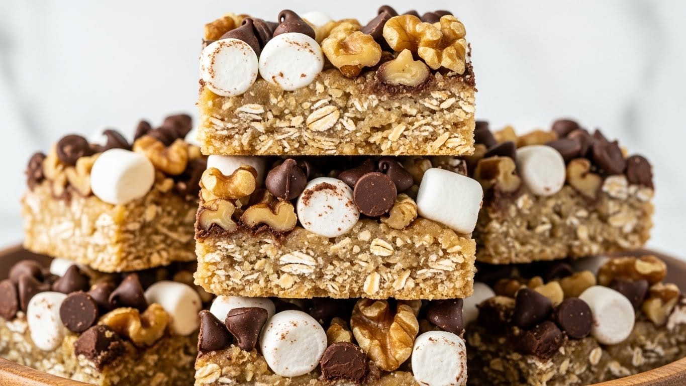 The image shows a close-up of several granola bars stacked on top of each other inside a wooden bowl. Each bar has two main layers: the bottom layer is a light golden-brown oat base, while the top layer is covered with a mix of small white marshmallows, dark brown chocolate chips, and chopped walnuts. The surface of the bars looks slightly sticky and chewy, with the ingredients tightly packed together. The background is a white marbled texture. photo taken with an iphone --ar 4:5 --v 7