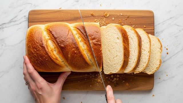A loaf of golden brown bread with a soft and fluffy texture is placed on a wooden cutting board resting on a white marbled surface. Six slices of bread lie next to the unsliced loaf, showing the light cream color inside with a slightly airy crumb. At the bottom left, a woman's hand is holding the loaf steady while slicing with a bread knife, cutting through the crust smoothly. The bread crust has a shiny, slightly wrinkled surface, and crumbs are scattered on the board. Photo taken with an iphone --ar 4:5 --v 7