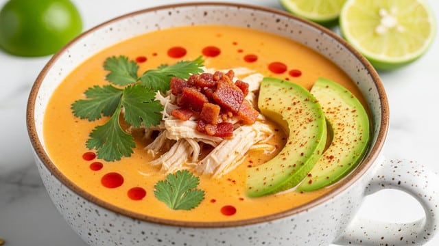 A close-up view of a creamy orange soup served in a speckled white cup with a handle, placed on a white marbled texture. The soup has small red oil spots on the surface. On top, there is a layer of shredded cooked chicken, bright green fresh cilantro leaves scattered over, and crispy small red bacon pieces in the center. Two thin slices of fresh avocado rest neatly on one side of the soup, sprinkled lightly with red chili powder. Seeded lime wedges are blurred in the background. Photo taken with an iphone --ar 4:5 --v 7