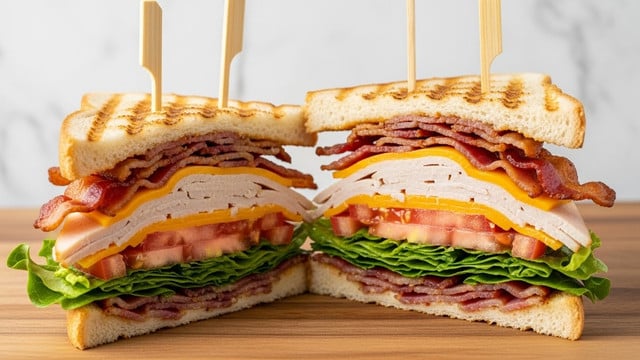 A thick sandwich cut in half diagonally shows multiple layers with a toasted golden-brown crust on white bread. The top layer is toasted bread with grill marks, followed by crispy bacon strips, thin slices of turkey or chicken, fresh green lettuce, and melted yellow cheese. Below the cheese is a thick red tomato slice, more crispy bacon, and another layer of lettuce, all stacked neatly. Four wooden picks hold the sandwich layers together. The sandwich rests on a wooden surface with a white marbled background. photo taken with an iphone --ar 4:5 --v 7