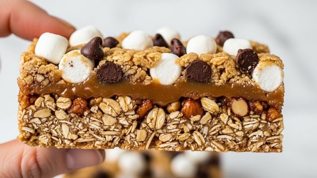 A close-up view of a rectangular granola bar held by a woman's hand, showing three main layers: the base layer of golden brown oats and nuts tightly packed together, the middle spread marked by a sticky caramel or honey coating giving a shiny texture, and the top layer featuring scattered mini white marshmallows and small dark chocolate chips that add contrast and texture. The granola bar looks dense and chewy with a mix of rough and smooth surfaces, and the background shows a white marbled texture blurred softly. photo taken with an iphone --ar 4:5 --v 7