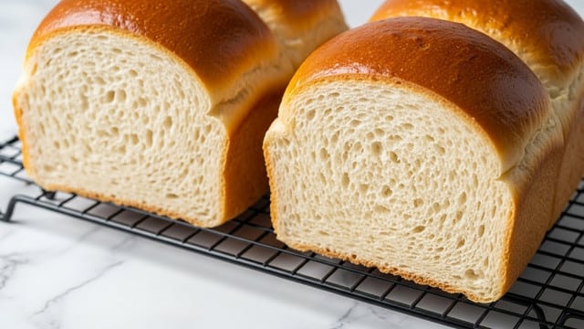 Two golden brown bread loaves with a shiny, smooth crust sit on a black cooling rack. Each loaf has a slightly rounded top with a soft, light tan side showing the fluffy crumb inside. The cooling rack rests on a white marbled surface, creating a clean, fresh look. Photo taken with an iphone --ar 4:5 --v 7