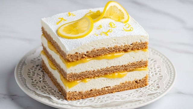 A three-layer square dessert is shown on a white plate with lace-like edges, placed on a white marbled surface. The bottom layer is a rough, crumbly light brown crust, topped with a thick, smooth white cream layer. Above that is a bright yellow lemon curd layer that looks creamy and shiny. Another light brown crust layer follows, then another thick white cream layer, another lemon curd layer, and a final crumbly crust layer. The dessert is topped with a thick white cream layer dusted with powdered sugar. Thin, translucent lemon slices with bright yellow zest shreds rest on top, adding a fresh, vibrant contrast. photo taken with an iphone --ar 4:5 --v 7
