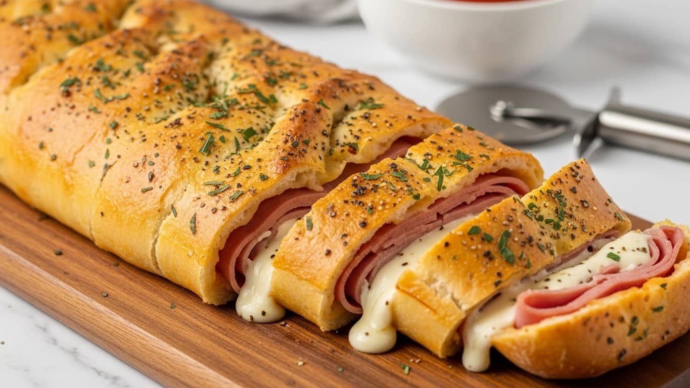 A long folded bread loaf with a golden brown crust, sprinkled with visible herbs and black pepper, cut into several thick slices. Inside, layers of melted white cheese alternated with thin pink slices of meat, packed tightly and oozing slightly from the opened end. The loaf is placed on a wooden board, with a blurred white bowl of red sauce and a pizza cutter in the background. The surface beneath the board is a white marbled texture photo taken with an iphone --ar 4:5 --v 7