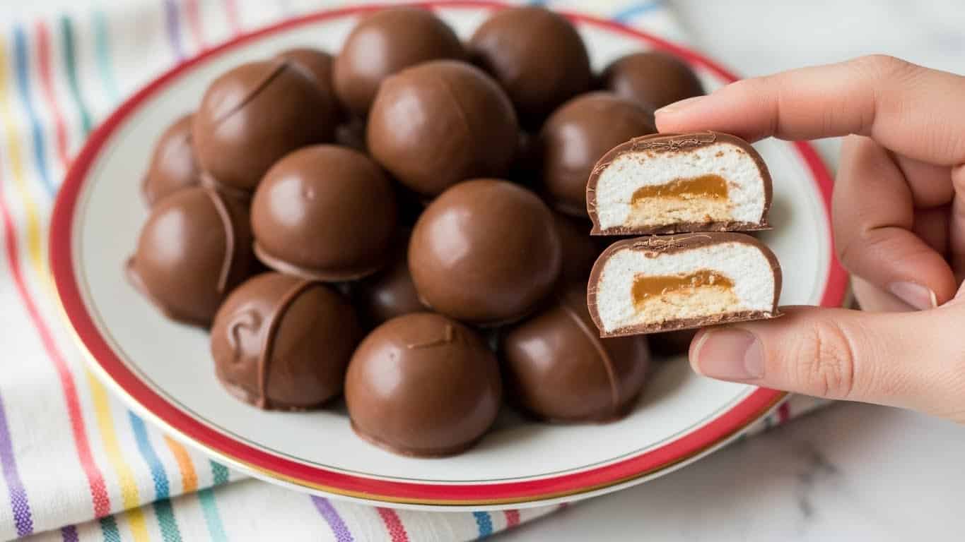 A white plate with a red and gold rim is filled with a pile of small, round milk chocolate treats that have a smooth, shiny surface. In front of the plate, a woman's hand holds one chocolate piece that is cut in half, showing three layers inside: the outer layer is milk chocolate, the middle layer is a light, fluffy marshmallow-like filling with a soft texture, and there's a thin layer of caramel nestled in between the marshmallow layers. The plate sits on a white marbled surface partly covered by a cloth with colorful vertical stripes in red, yellow, blue, and purple. The lighting is soft and natural, highlighting the chocolate's smoothness and the creamy inside. photo taken with an iphone --ar 4:5 --v 7