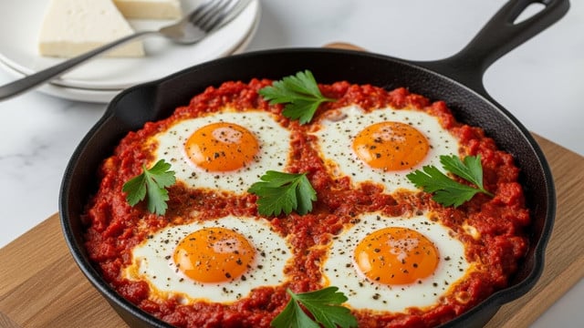 A black cast iron skillet holds a dish with a base layer of chunky red tomato sauce spread evenly, topped with four cooked eggs with white edges and soft yellow-orange yolks, each sprinkled with black pepper. Fresh green parsley leaves are scattered across the eggs and sauce, adding bright color and texture. In the background, a white plate sits on a white marbled surface with two triangular slices of white cheese and a fork resting beside them. The skillet rests on a wooden board, adding warmth to the scene. photo taken with an iphone --ar 4:5 --v 7