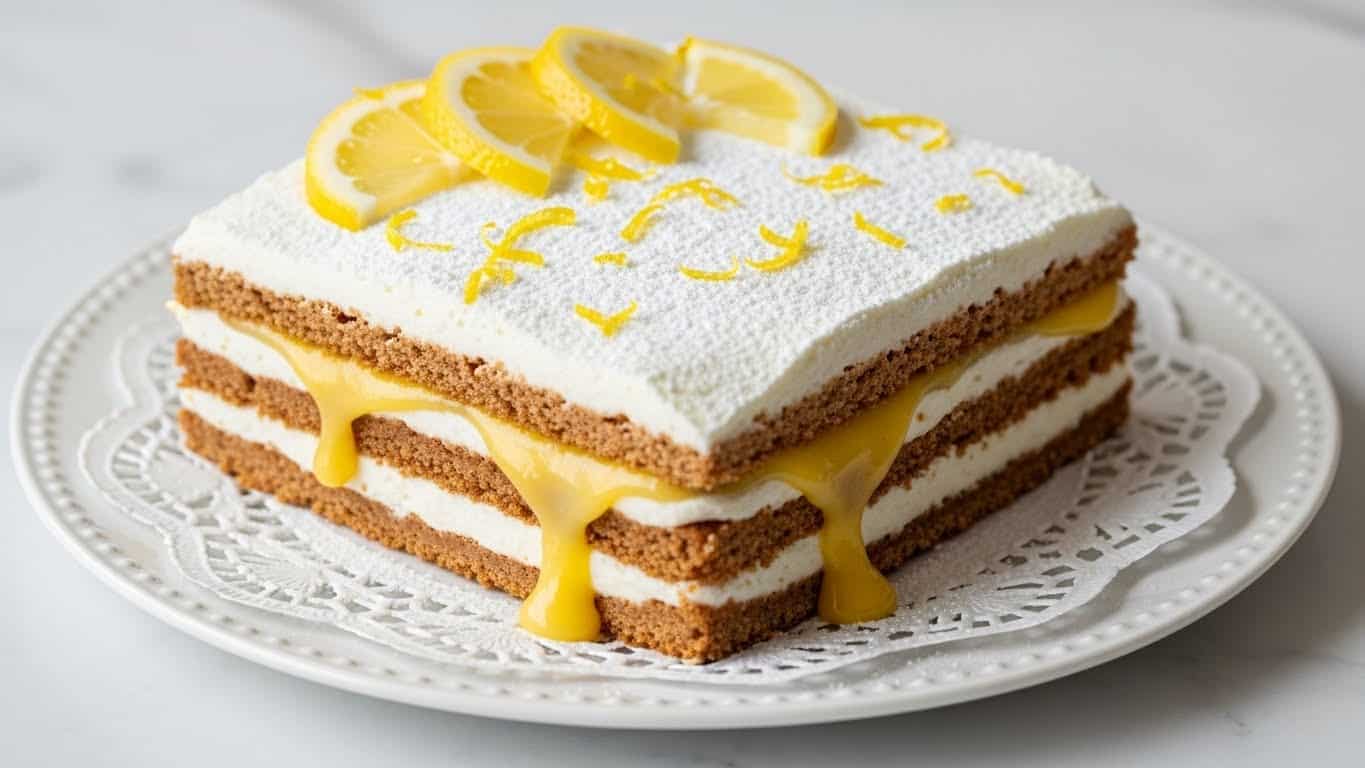 A square lemon dessert with three visible layers of crumbly brown crust, each separated by thick creamy white filling. Between the bottom two layers, there’s a glossy, smooth yellow lemon curd layer that slightly drips down the sides. The top layer is covered in a thick white cream dusted with powdered sugar, decorated with five thin lemon slices and bright yellow lemon zest scattered on top. The dessert sits on a white plate with a delicate lace-like edge, on a white marbled surface. photo taken with an iphone --ar 4:5 --v 7